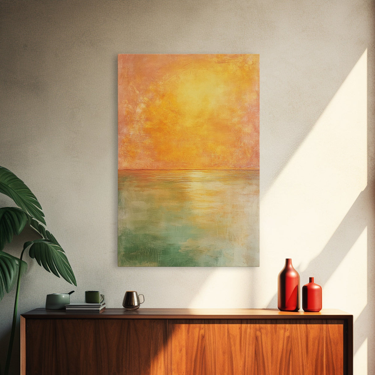 Golden Sunset Horizon Framed Canvas Print Warm Minimalist Wall Art, Serene Ocean Painting, Modern Living Room Decor, Calming Tones
