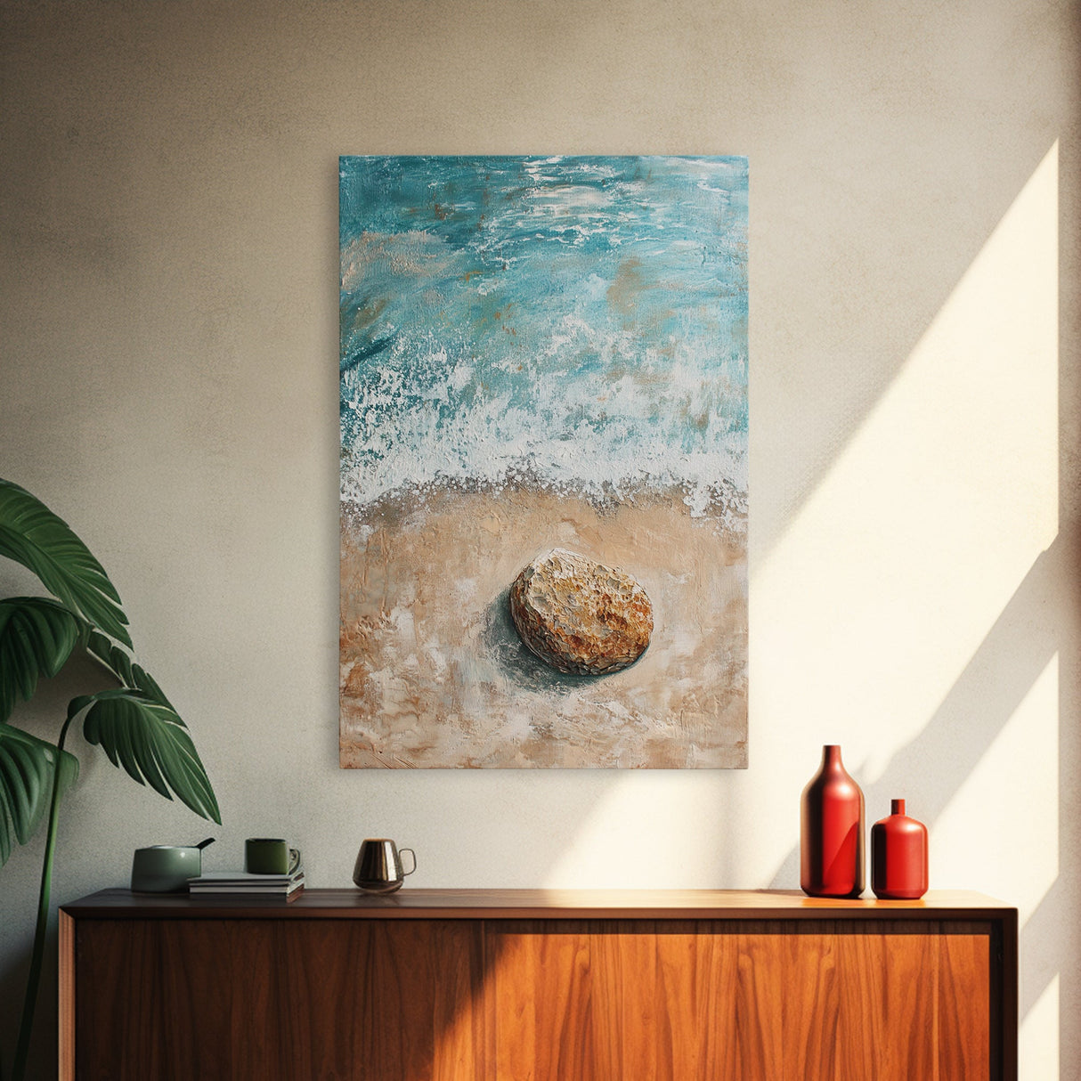 Serene Beach Stone Canvas Print Tranquil Ocean Art, Coastal Zen Wall Decor, Relaxing Beach House Style, Minimalist Seascape Painting