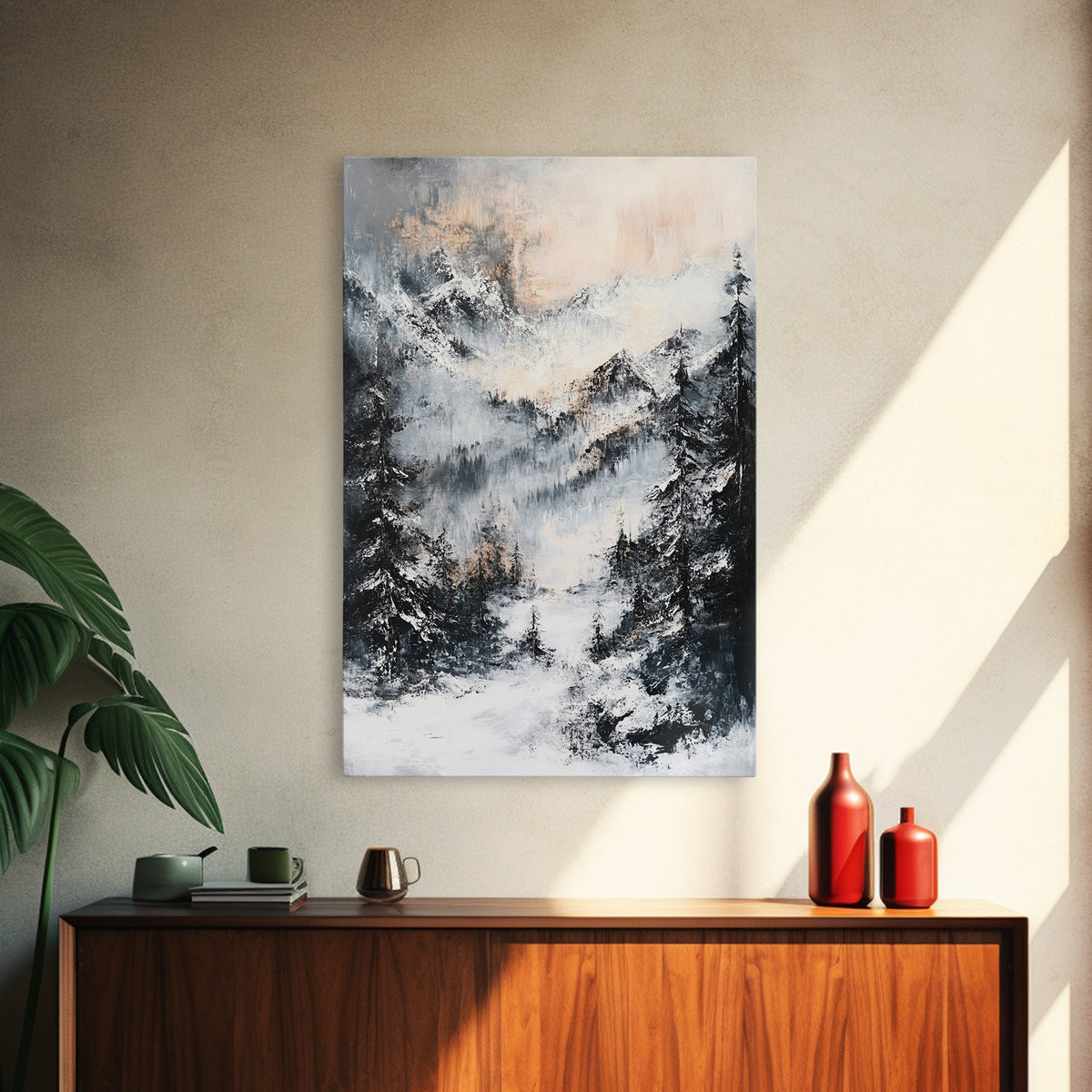 Snowy Mountain Scene Canvas Print Winter Wonderland Wall Art, Alpine Landscape Painting, Cozy Cabin Decor, Neutral Holiday Artwork