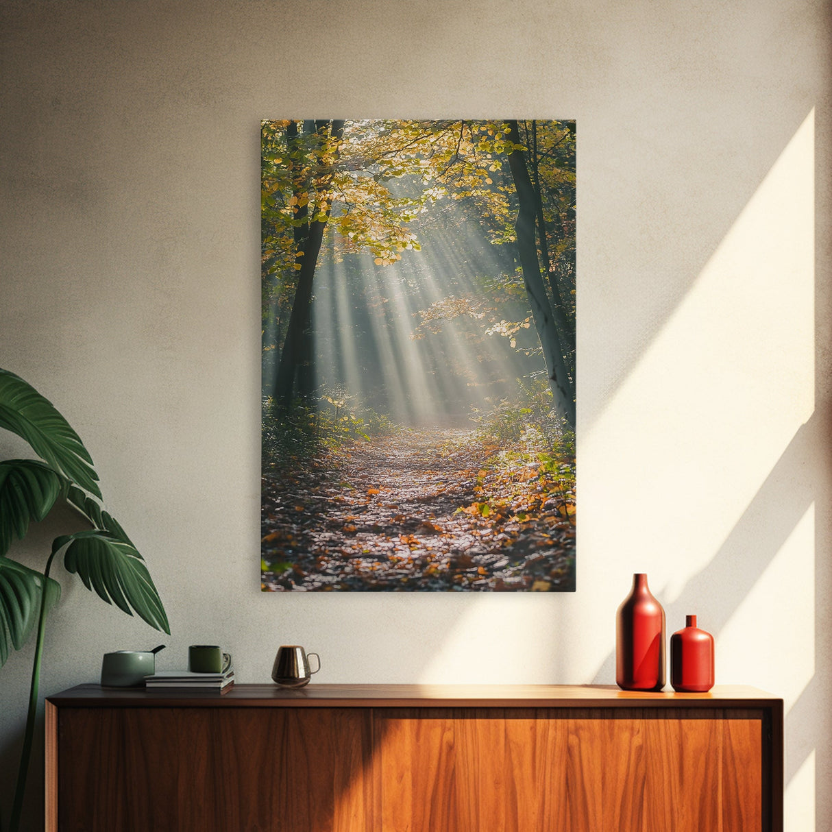 Sunlit Autumn Forest Path Canvas Print, Fall Wall Art, Nature Photography Print, Cozy Home Decor, Rustic Living Room Art, Cabin Wall Art