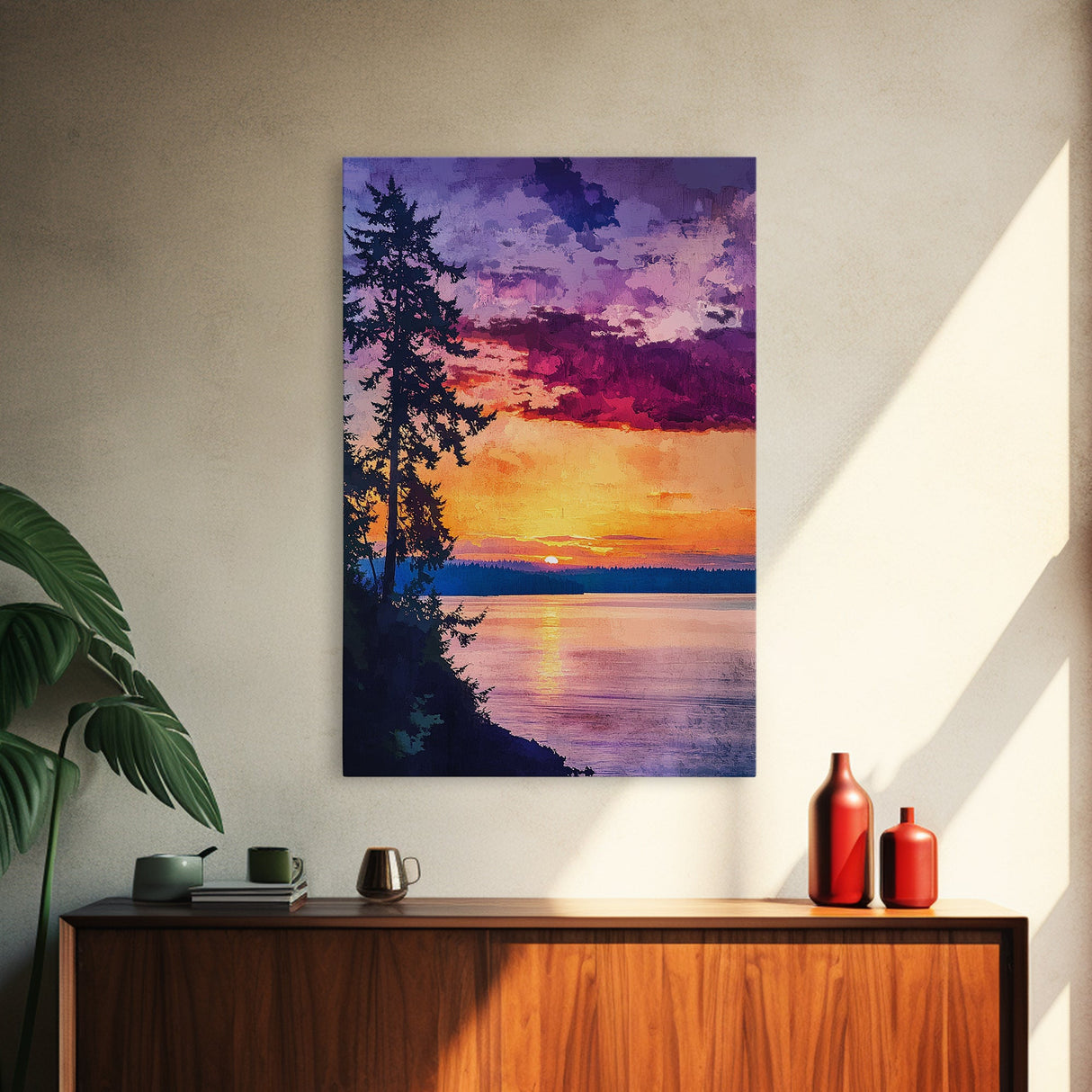 Serene Lakeside Sunset Canvas Print, Nature Wall Art, Water Reflection Painting, Tranquil Landscape Art, Peaceful Home Decor, Bedroom Art
