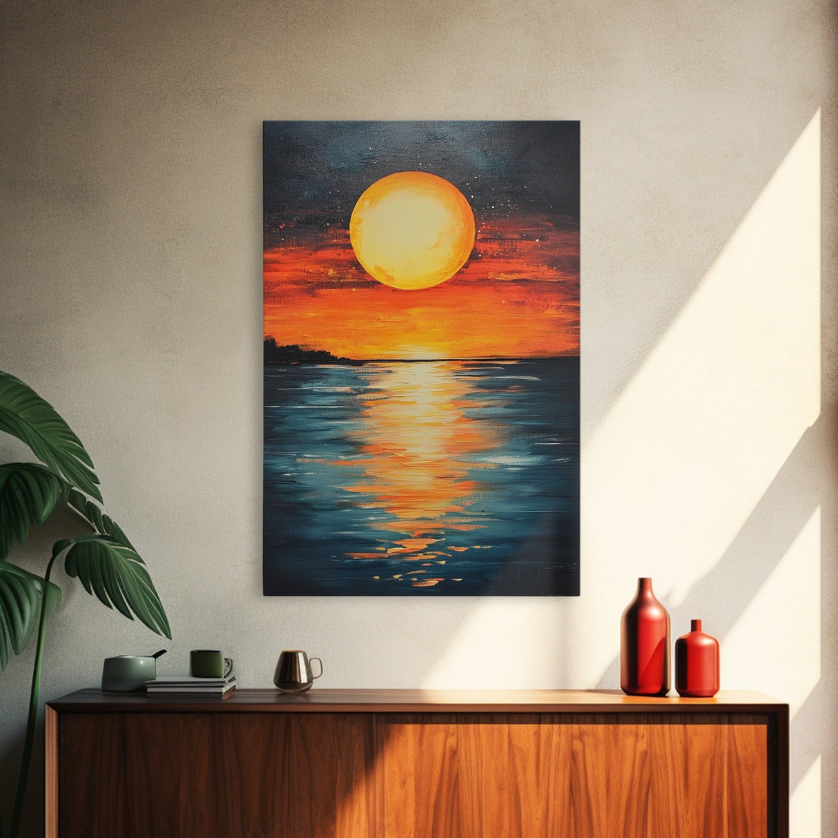 Sunset Reflection Framed Canvas Print | Beach Wall Art | Coastal Sunset Painting | Modern Home Decor | Large Wall Art | Gift Idea