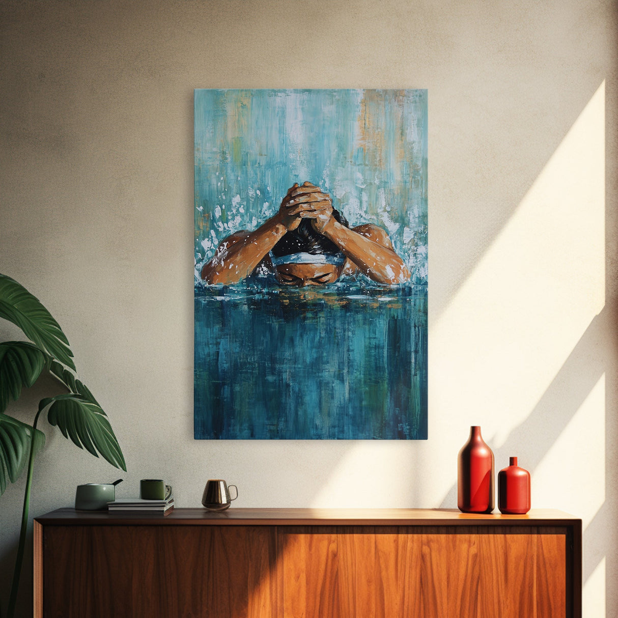 Swimmer Strength Canvas Print | Athlete Wall Art | Motivational Sports Painting | Modern Home Decor | Blue Water Abstract