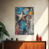 Metal Star Rustic Framed Canvas Print Patriotic Wall Art, Western Home Decor, Distressed Americana Artwork, Country Farmhouse Style