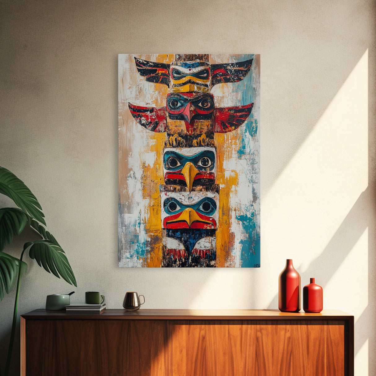 Totem Pole Art Framed Canvas Print Rustic Wall Decor Native American Art Tribal Home Decor Lodge Artwork Cabin Wall Art Southwest Boho
