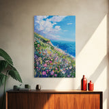 Ocean Cliffside Flowers Framed Canvas Print Coastal Landscape Wall Art, Wildflower Meadow Painting, Beach House Art, Seaside Decor