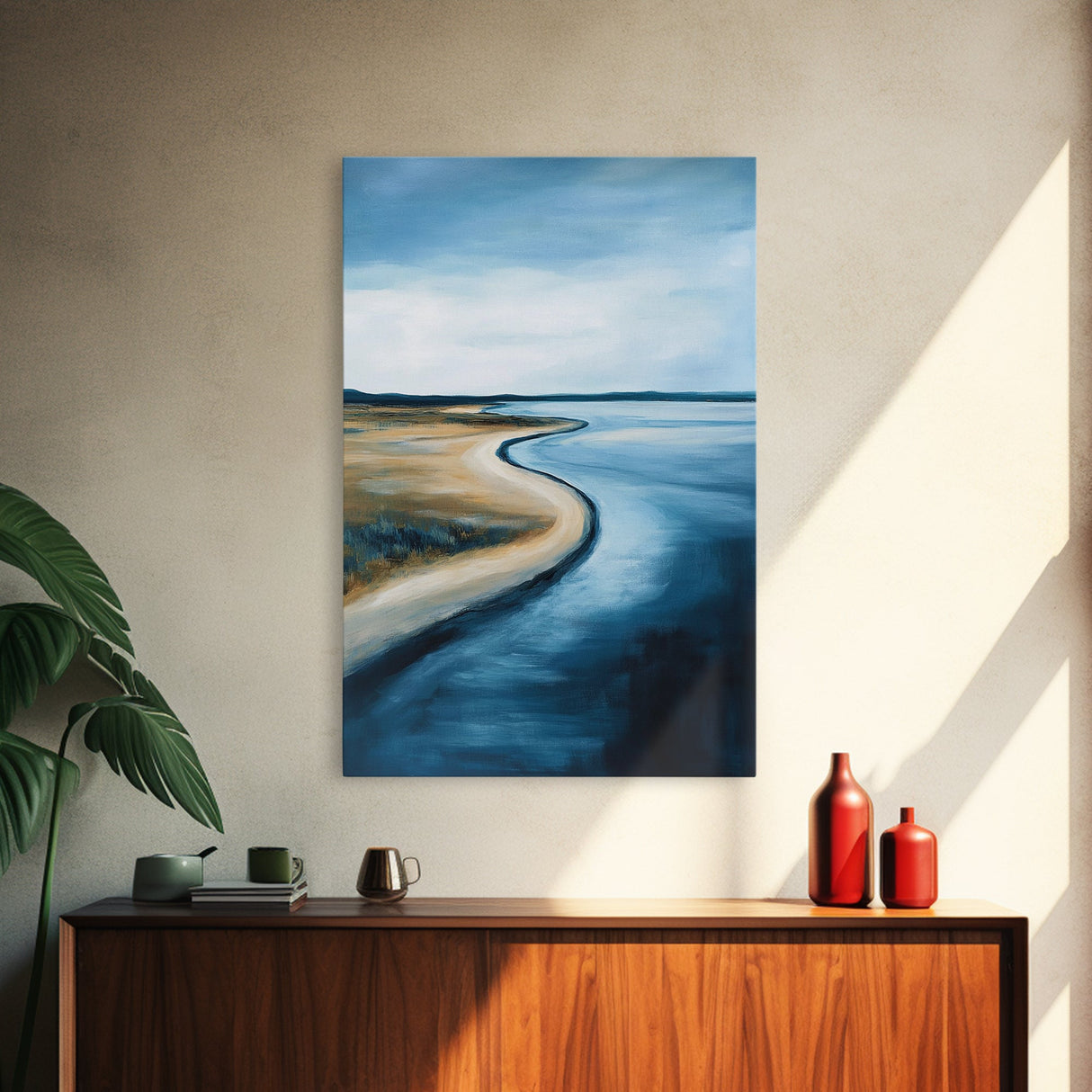 Serene Shoreline Framed Canvas Print Minimalist Coastal Landscape Wall Art, Beach Tranquility Painting, Nautical Home Decor