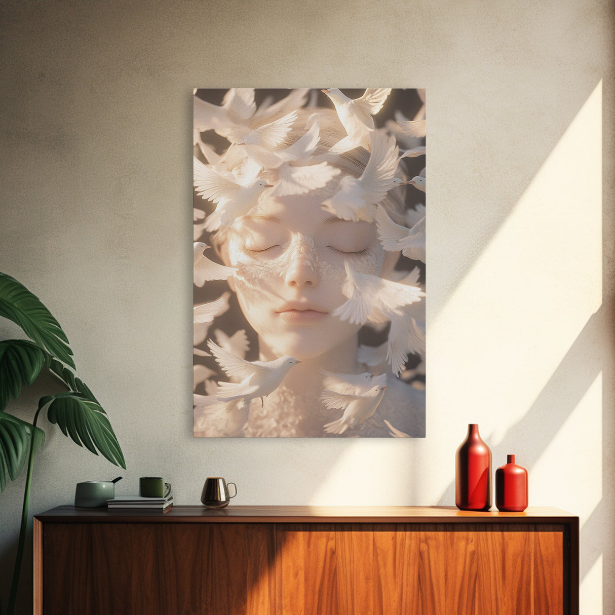 Ethereal White Dove Art Framed Canvas Print - Surreal Dreamy Wall Art, Minimalist Angelic Decor, Bedroom Meditation Art, Boho Aesthetic
