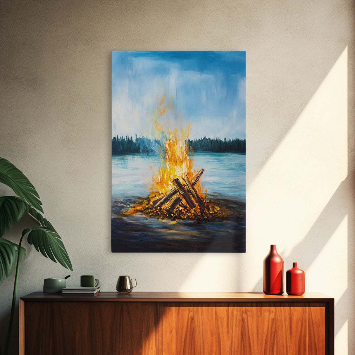 Lakeside Bonfire, Camping Art, Outdoor Wall Art, Cozy Campfire Painting, Nature Art, Rustic Decor, Above Couch Art, Canvas Print