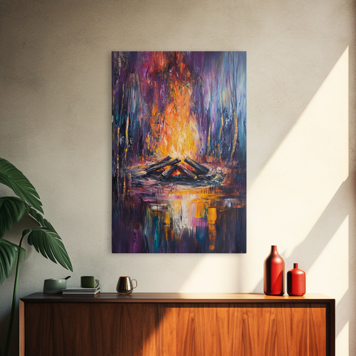 Moody Campfire, Dark Romance Painting, Firelight Art, Abstract Fire Painting, Cozy Home Decor, Rustic Art, Framed Canvas Print
