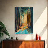 Golden Forest, moody art, pine tree art, wabi sabi wall art, landscape painting, rustic decor, Framed Canvas Print, autumn decor