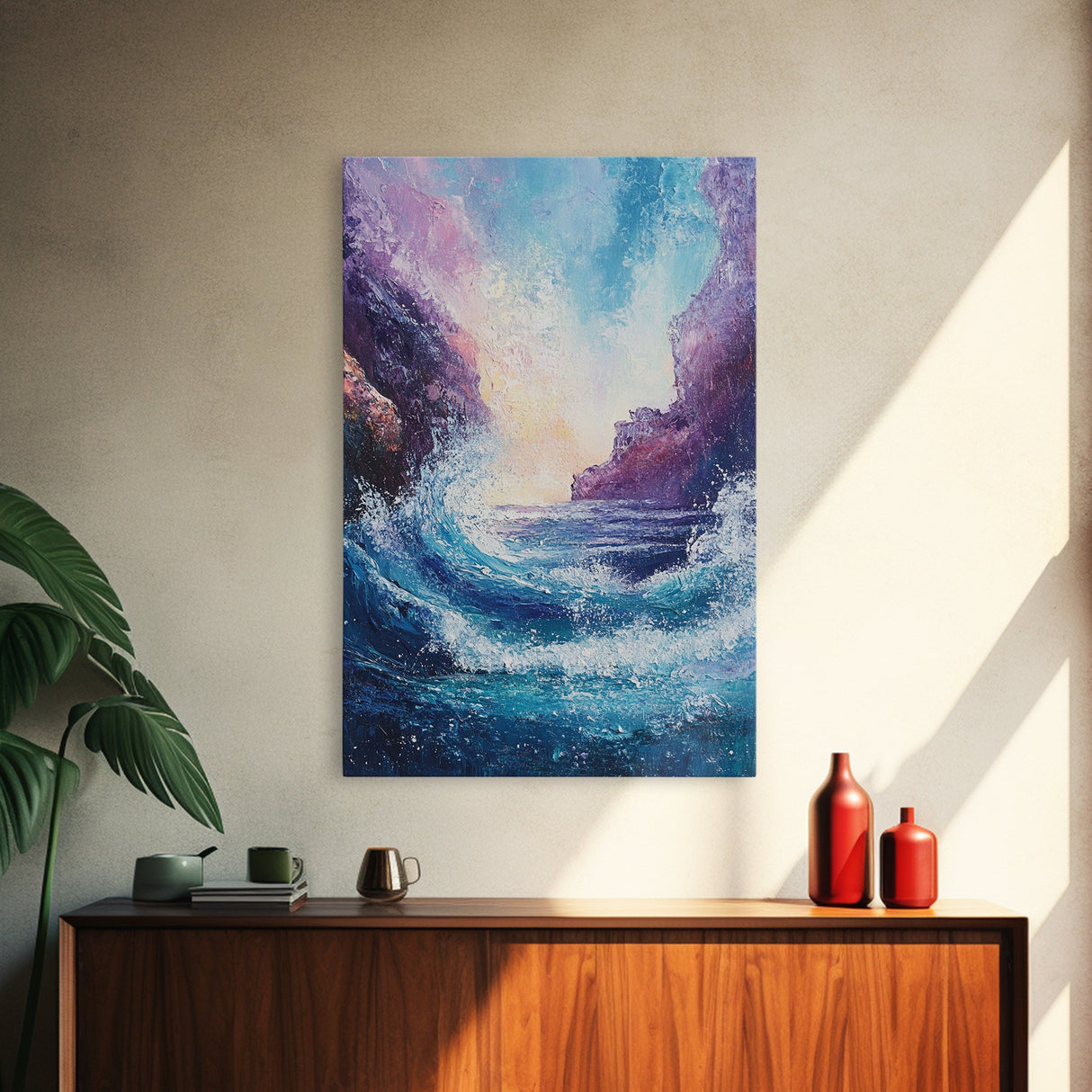 ocean waves, coastal painting, framed canvas print, seascape painting, nautical wall art, beach decor, extra wide art, gift idea