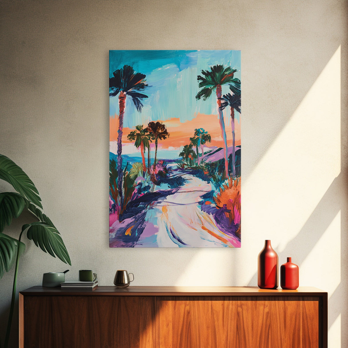 Palm Sunset, Coastal Cowgirl Wall Art, Southwest Wall Art, Surf Wall Art, Pink Orange Wall Art, Canvas Print, Extra Wide Art