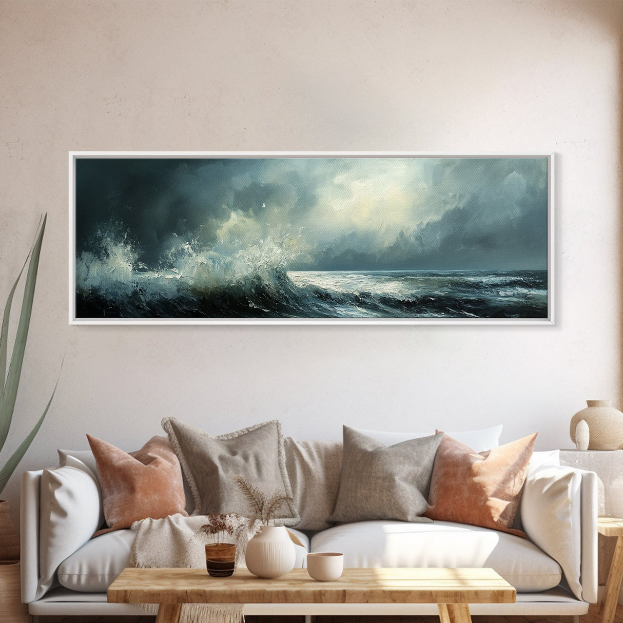 Stormy Ocean Waves Framed Canvas Print Dark Seascape Art, Moody Coastal Decor, Large Nautical Painting, Office or Living Room Art