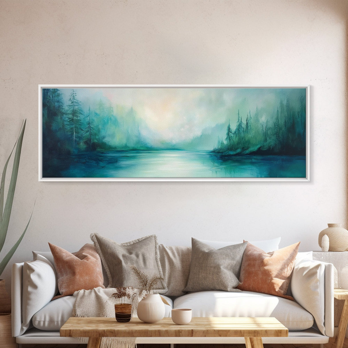 Forest Lake Morning Framed Canvas Print Calm Nature Art, Misty Green Landscape, Cabin Wall Decor, Peaceful Living Room Artwork