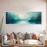 Forest Lake Morning Framed Canvas Print Calm Nature Art, Misty Green Landscape, Cabin Wall Decor, Peaceful Living Room Artwork