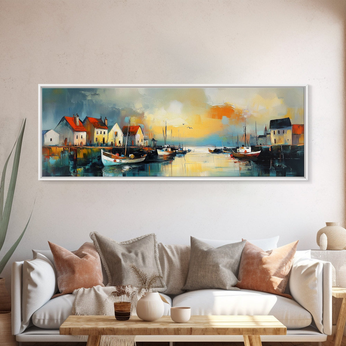 Seaside Village Harbor Canvas Print Coastal Boats Wall Art Nautical Fishing Town Decor Rustic Beach House Artwork Framed Print