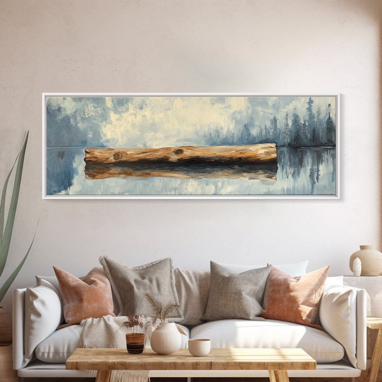 Driftwood Reflection Framed Canvas Print Coastal Wall Art, Rustic Lake House Decor, Minimalist Nature Art, Neutral Bedroom Wall Decor