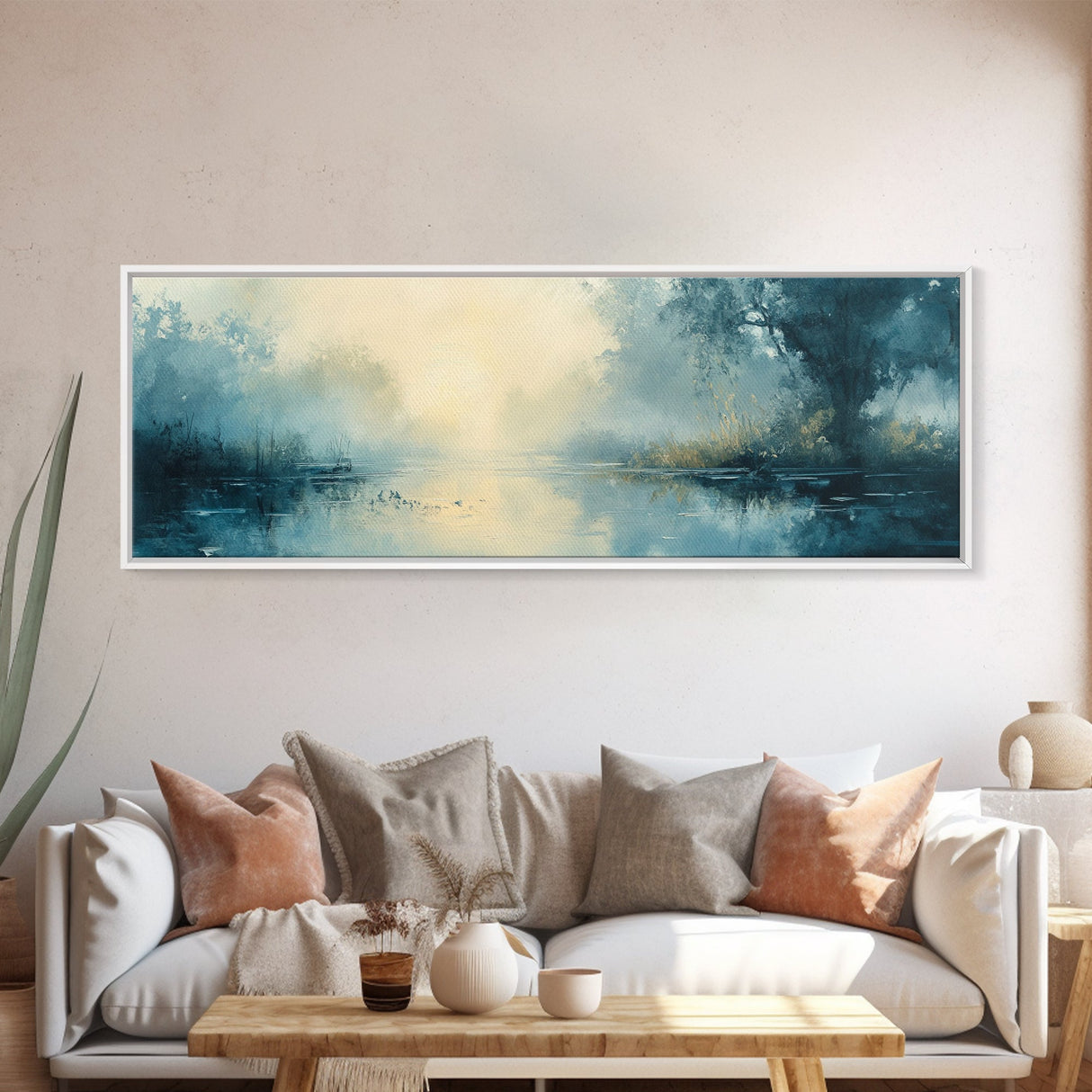 Misty Lake Canvas Print Serene Nature Wall Art, Neutral Forest Landscape, Soft Blue Wall Decor, Minimalist Bedroom Artwork