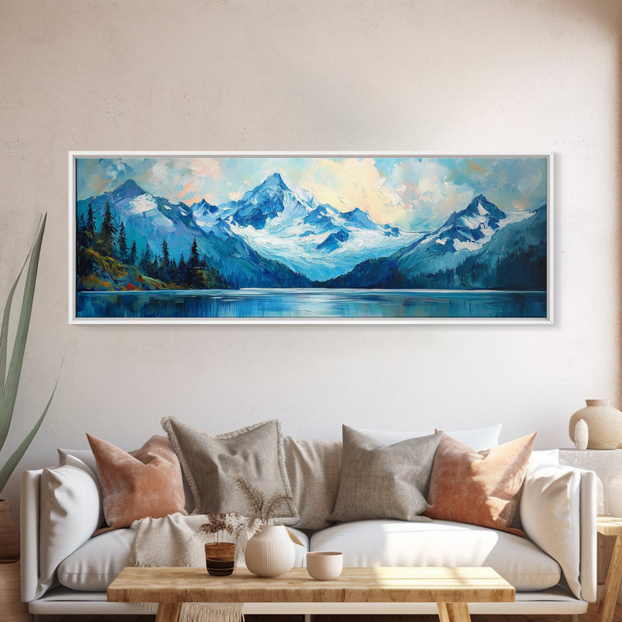 Mountain Lake Framed Canvas Print, Snowy Peak Nature Art, Adventure Home Decor, Alpine Forest Wall Art, Cabin Living Room Wall Decor