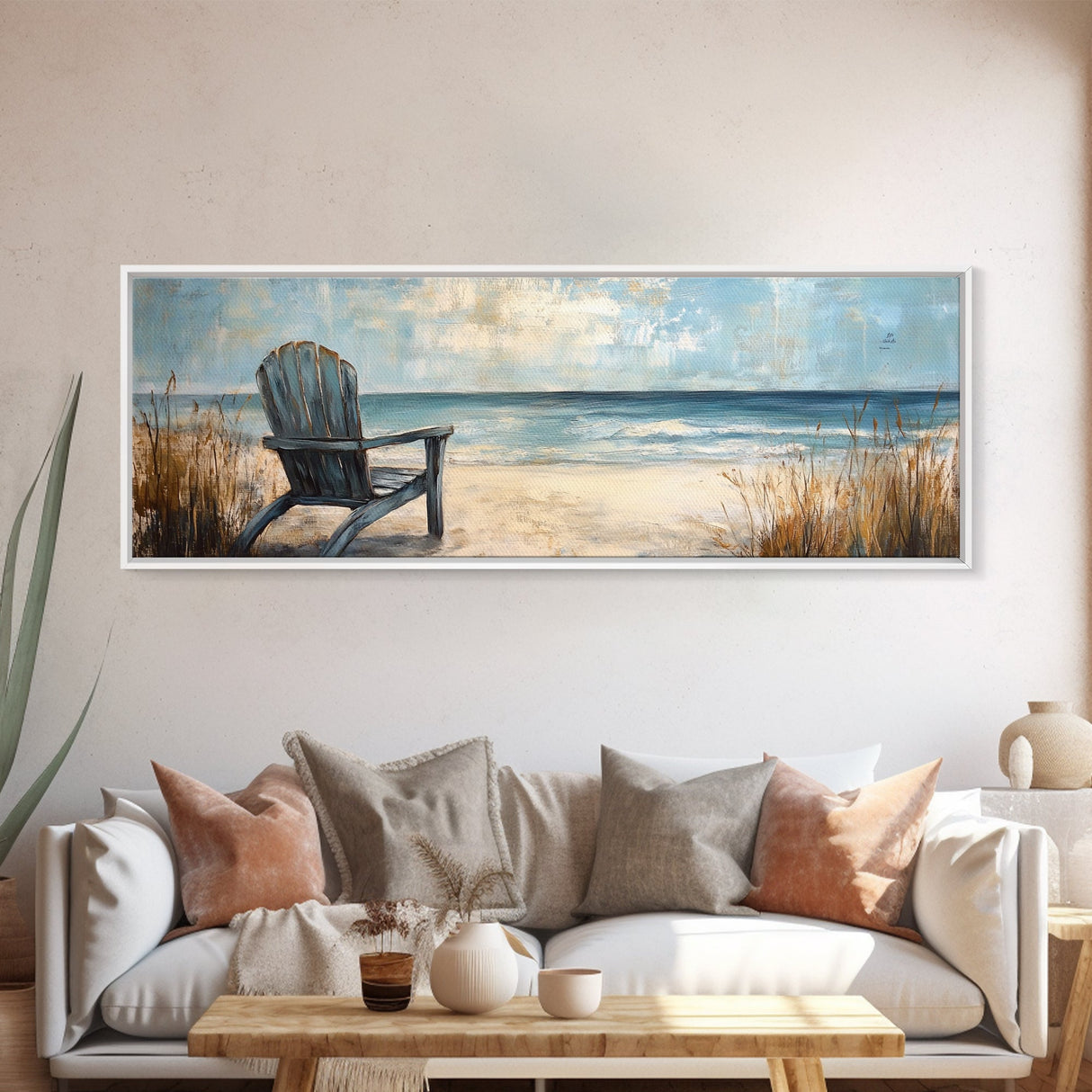 Adirondack Chair Beach Scene, Serene Coastal Landscape Art, Ocean View Wall Decor, Tranquil Bedroom, Framed Canvas Print