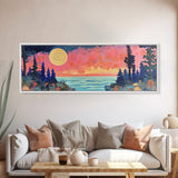 Mystical Moonlight Landscape Framed Canvas Print, Dreamy Forest Art, Boho Sunset Wall Art, Celestial Painting, Living Room Decor