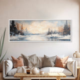 Serene Winter Forest Framed Canvas Print, Snowy Landscape Painting, Cozy Christmas Wall Art, Neutral Rustic Home Decor, Lodge Art