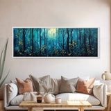 Moonlit Forest Wall Art, Mystical Woodland Painting, Dark Blue Nature Art, Enchanted Trees, Cozy Cabin Decor, Bedroom Wall Art