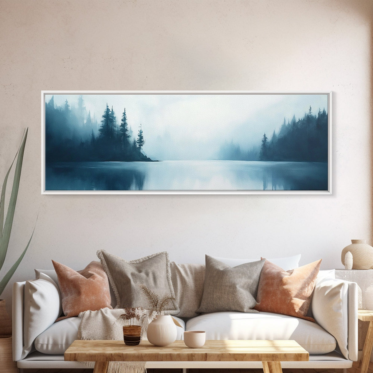 Misty Lake Forest Art, Moody Nature Painting, Blue Foggy Landscape, Tranquil Cabin Decor, Scandinavian Wall Art, Bedroom Art