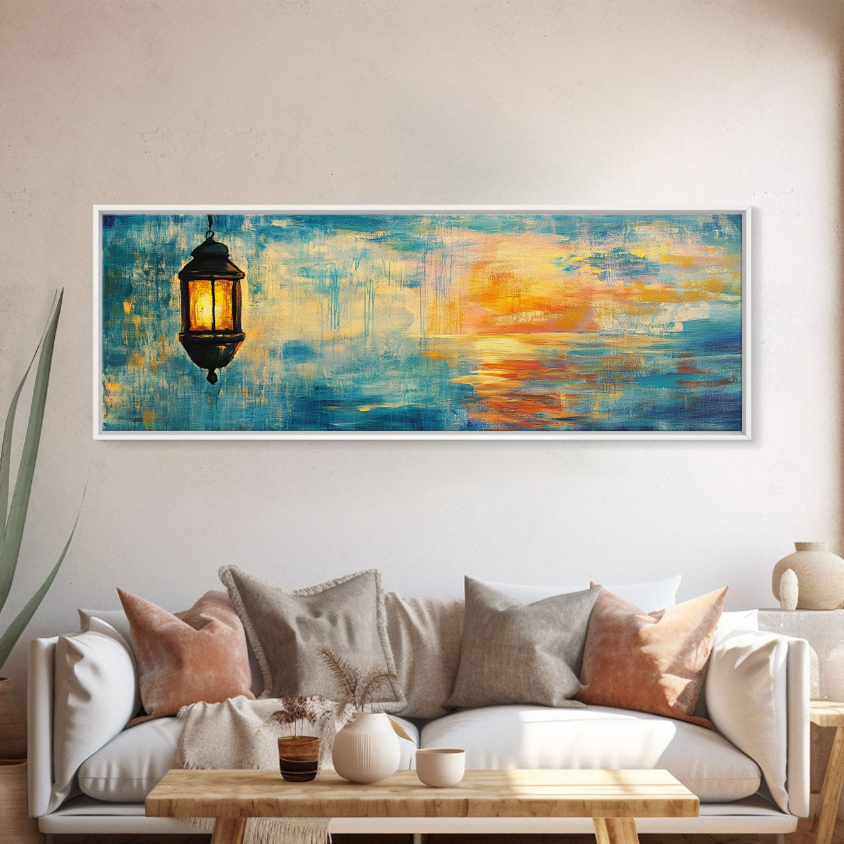 Lantern Glow Sunset Art, Warm Ambient Painting, Nautical Coastal Decor, Rustic Boho Home Wall Art, Relaxing Living Room Art