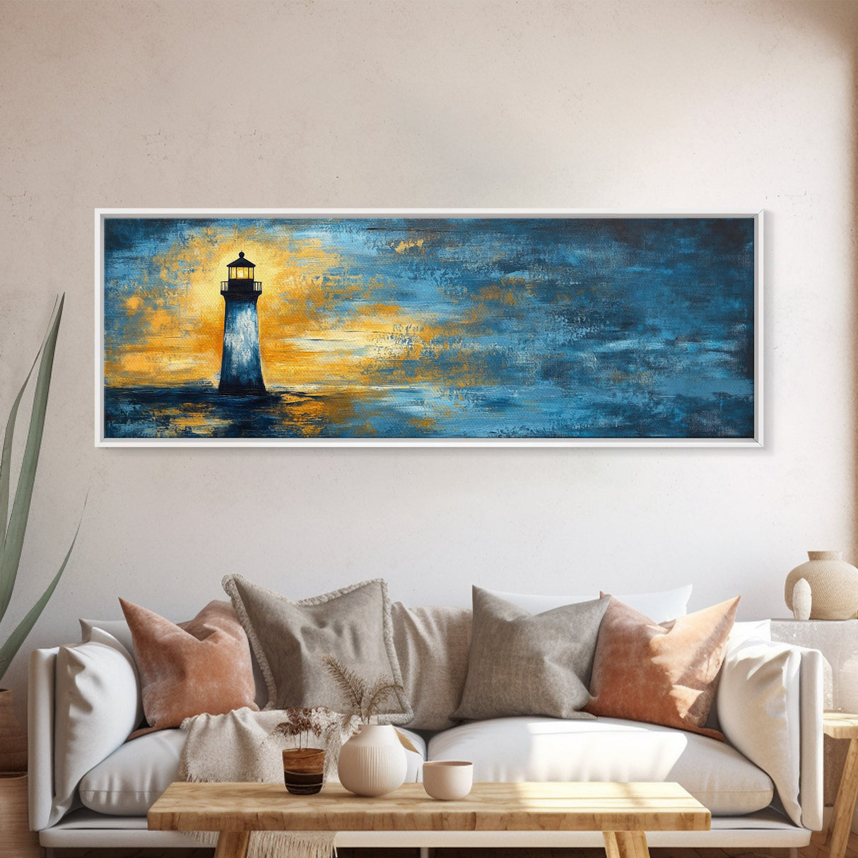 Lighthouse at Dusk Art, Nautical Coastal Painting, Moody Blue and Gold Wall Decor, Ocean Scene Artwork, Tranquil Living Room Art