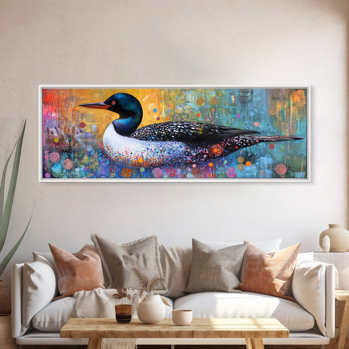 Vibrant Loon Art Framed Canvas Print Wildlife Decor Living Room Wall Art Colorful Bird Painting Modern Boho Home Accent Nature Gift