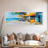 Beachfront Café Painting, Rustic Coastal Restaurant Art, Vibrant Nautical Wall Decor, Warm and Inviting Kitchen, Canvas Print