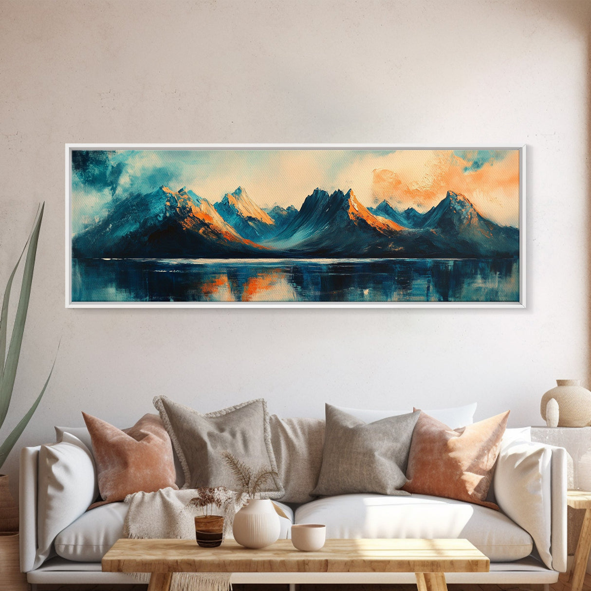Majestic Mountains Framed Canvas Print Scenic Landscape Art, Blue and Gold Mountain Painting, Nature Wall Decor, Bedroom Wall Art