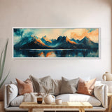 Majestic Mountains Framed Canvas Print Scenic Landscape Art, Blue and Gold Mountain Painting, Nature Wall Decor, Bedroom Wall Art