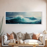 Stormy Sea Framed Canvas Print Dramatic Ocean Waves Painting, Moody Nautical Wall Art, Deep Blue Coastal Decor, Living Room Art