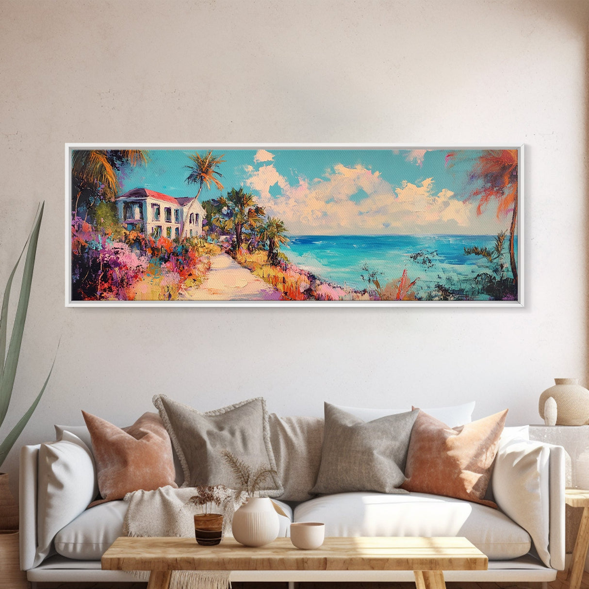 Tropical Beach Canvas Print Coastal House Painting, Palm Tree Art, Vibrant Seaside Wall Decor, Summer Home Decor, Living Room Art