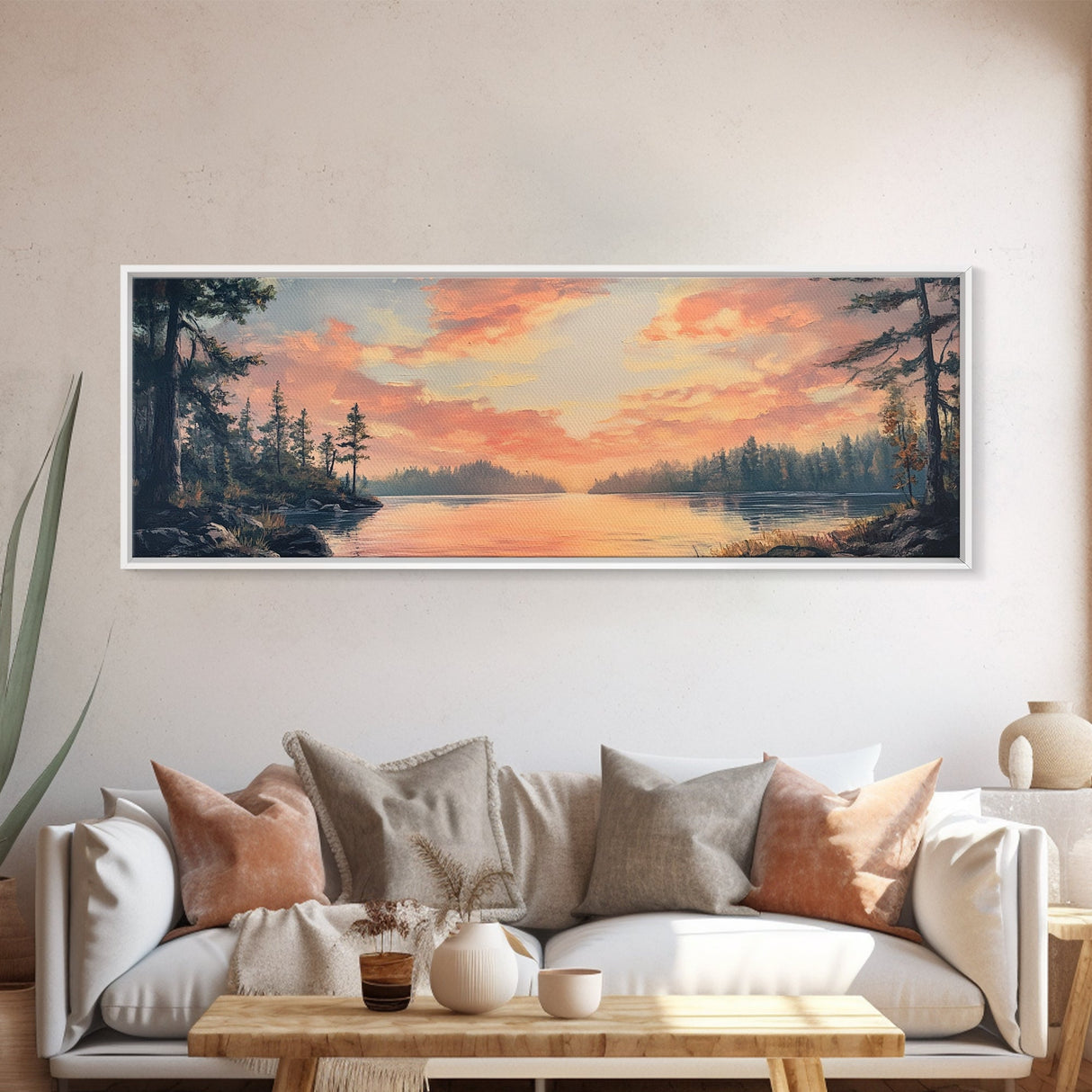 Sunset Lake Reflection Framed Canvas Print Autumn Landscape Warm Tones Nature Wall Art Rustic Cabin Decor Bedroom Living Room