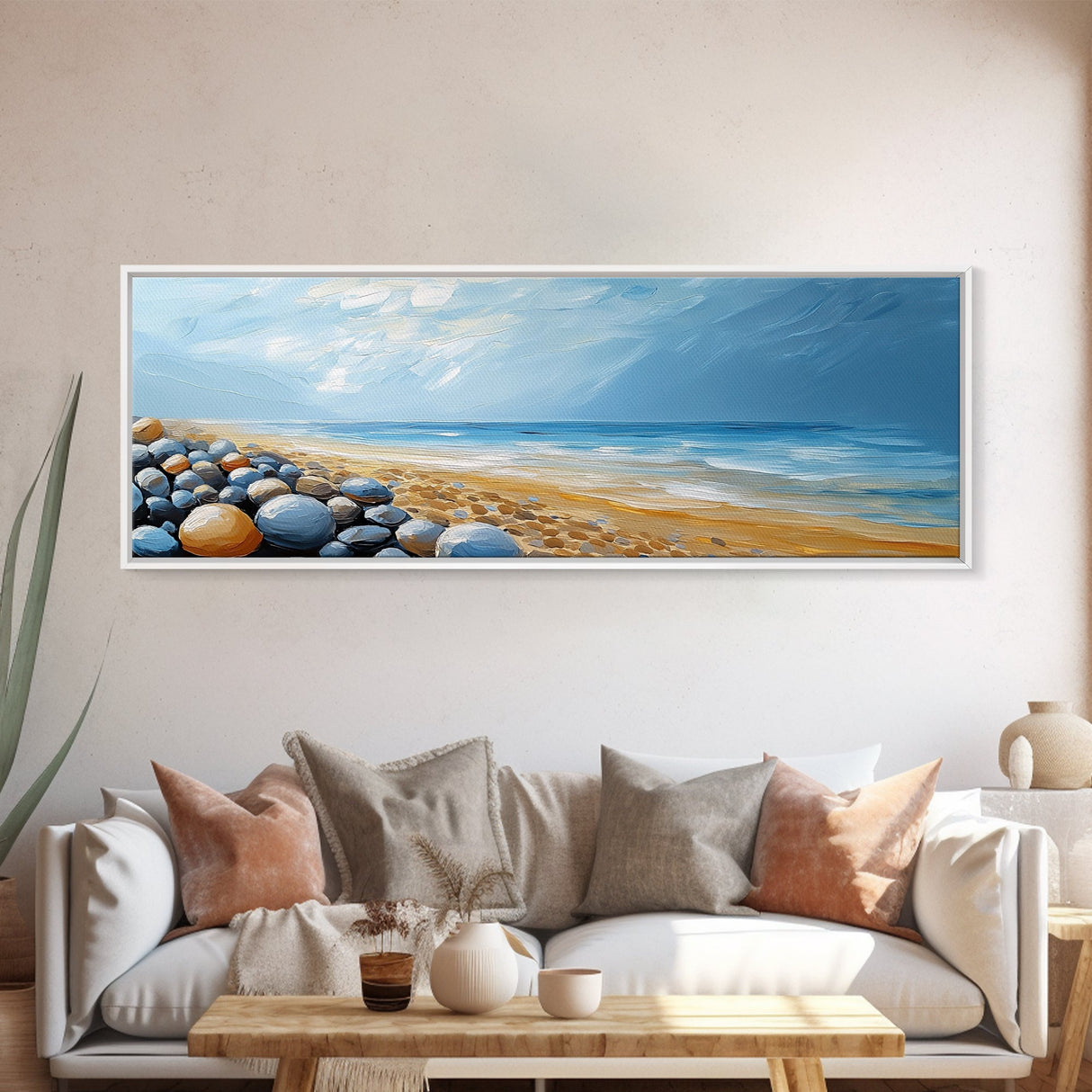 Pebble Beach Seascape Framed Canvas Print Coastal Landscape Wall Art, Serene Ocean Painting, Nautical Bathroom Decor, Minimalist Art