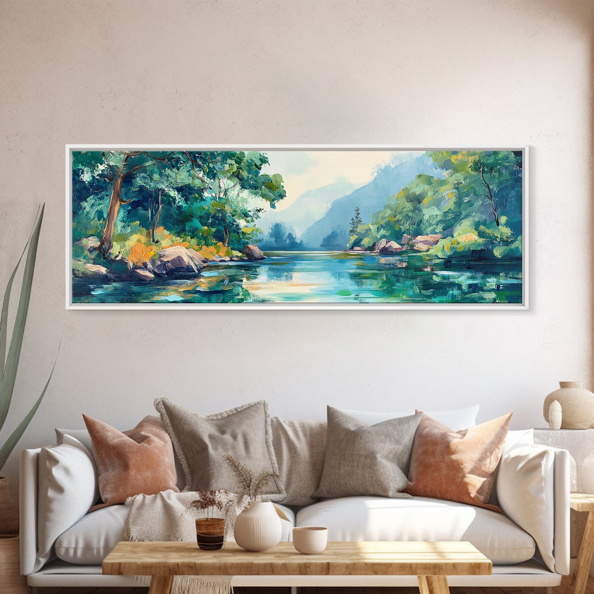 Mountain Lake View Canvas Print, Serene Landscape Painting, Green Nature Wall Art, Living Room Decor, Rustic Cabin Artwork, Gift Idea