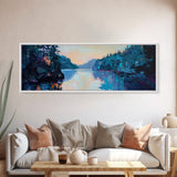 Twilight Lake Reflections Framed Canvas Print, Moody Landscape Painting, Dark Blue Nature Wall Art, Bedroom Art, Wilderness Artwork