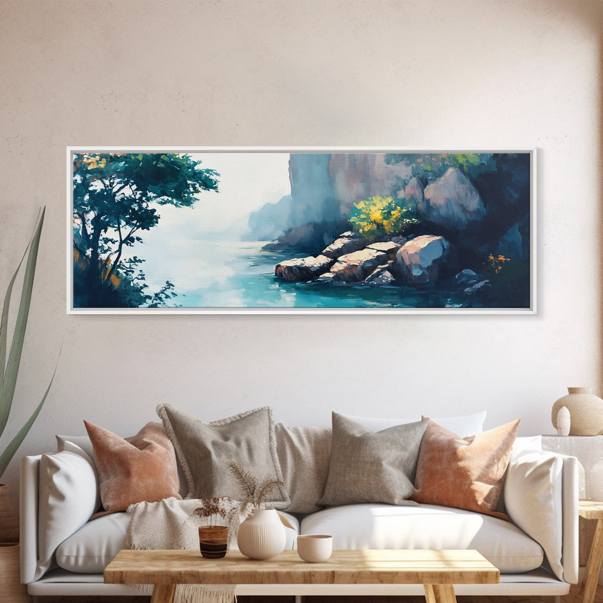 Misty Canyon River Framed Canvas Print, Serene Landscape Painting, Tranquil Nature Art, Zen Wall Decor, Bedroom Relaxation Artwork