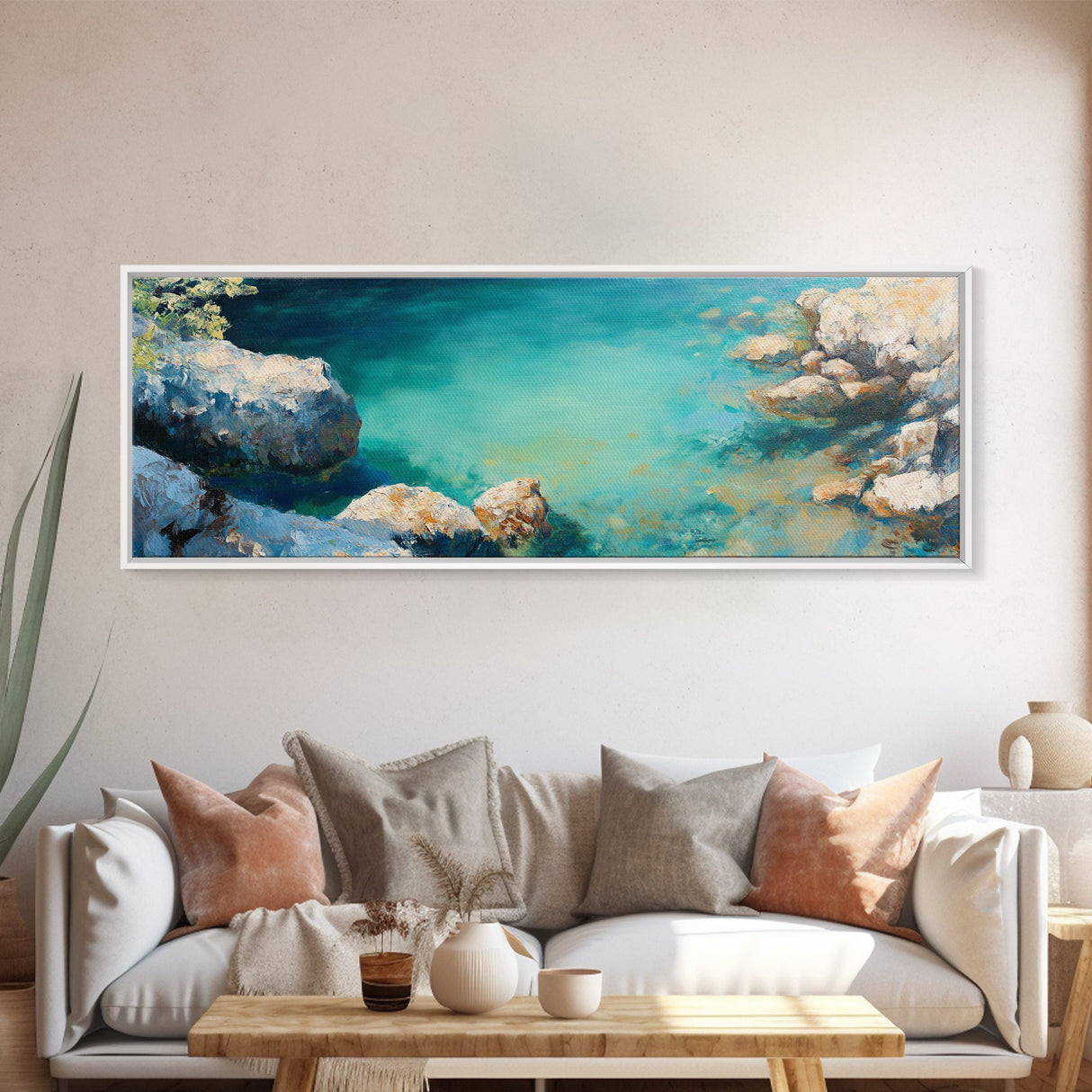Turquoise Water Cove Framed Canvas Print Coastal Wall Art, Modern Beach Artwork, Ocean Decor, Minimalist Seascape Painting, Bedroom Art