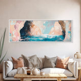 Serene Ocean Cliffs Framed Canvas Print Soft Pastel Coastal Art, Minimalist Seascape Painting, Tranquil Beach Decor, Modern Home Art