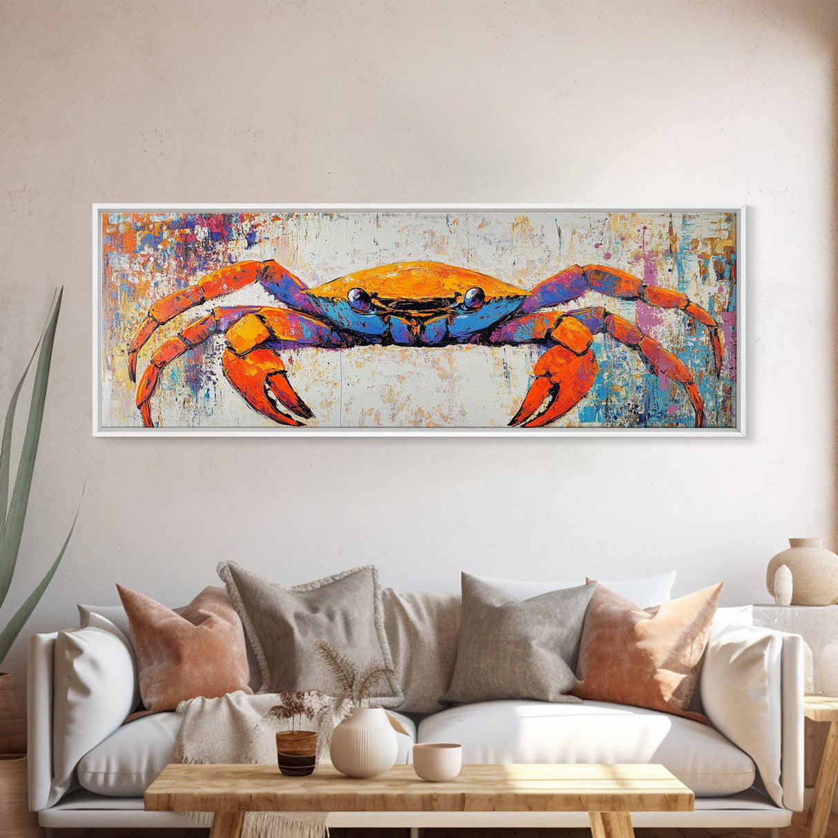 Colorful Coastal Crab Painting Framed Canvas Print, Beach House Wall Art, Nautical Kitchen Decor, Ocean Wildlife Art, Gift Idea