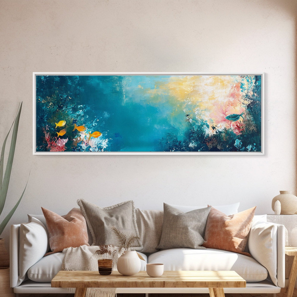 Abstract Ocean Reef Framed Canvas Print Coastal Wall Art, Underwater Seascape, Beach House Decor, Nautical Theme, Blue Wall Art