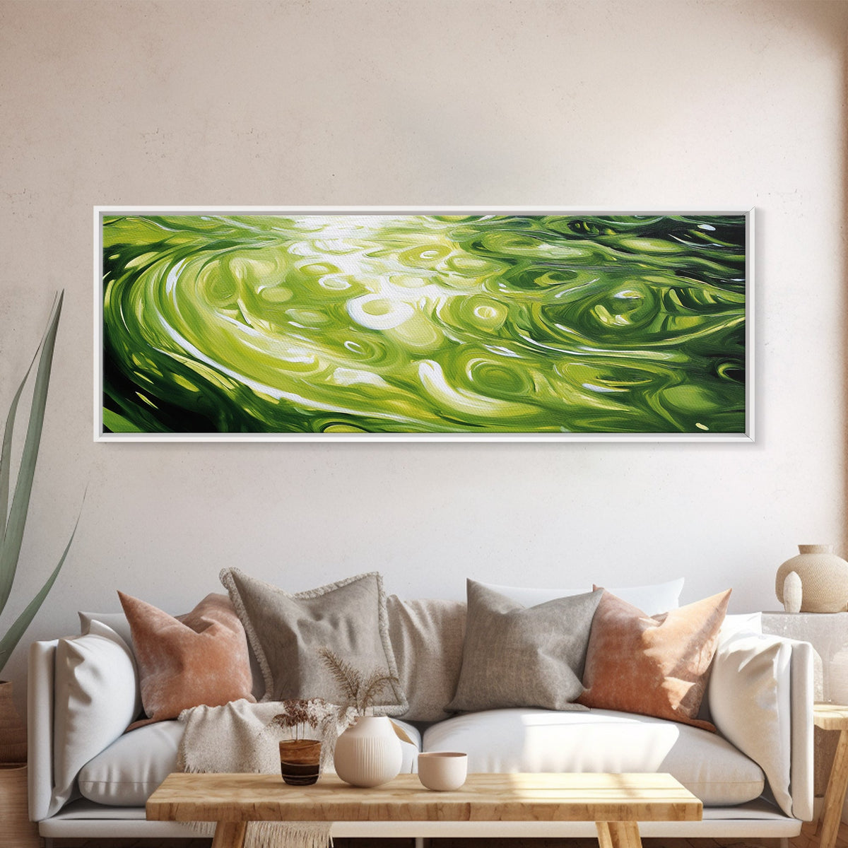 Abstract Green Swirl Painting, Modern Contemporary Wall Art, Nature Inspired Water Reflection, Trendy Office, Framed Canvas Print