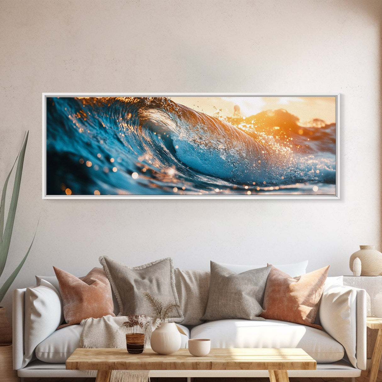 Sunset Wave Framed Canvas Print Ocean Photography Wall Art, Surf Art, Coastal Home Decor, Beach Aesthetic, Living Room Art