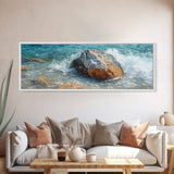 Ocean Rock Waves Framed Canvas Print Coastal Nature Wall Art, Beach Landscape Painting, Rustic Seascape Decor, Home Accent