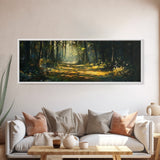 Forest Path, Sunlit Woodland Wall Art, Nature Escape Painting, Cabin Decor, Framed Canvas Print, Outdoor Lover Gift, Entryway Art